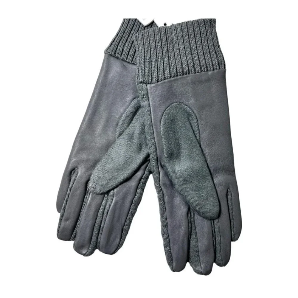 Michael Kors Logo Womens Gray Quilted Knit Leather Trim Gloves Sz M New